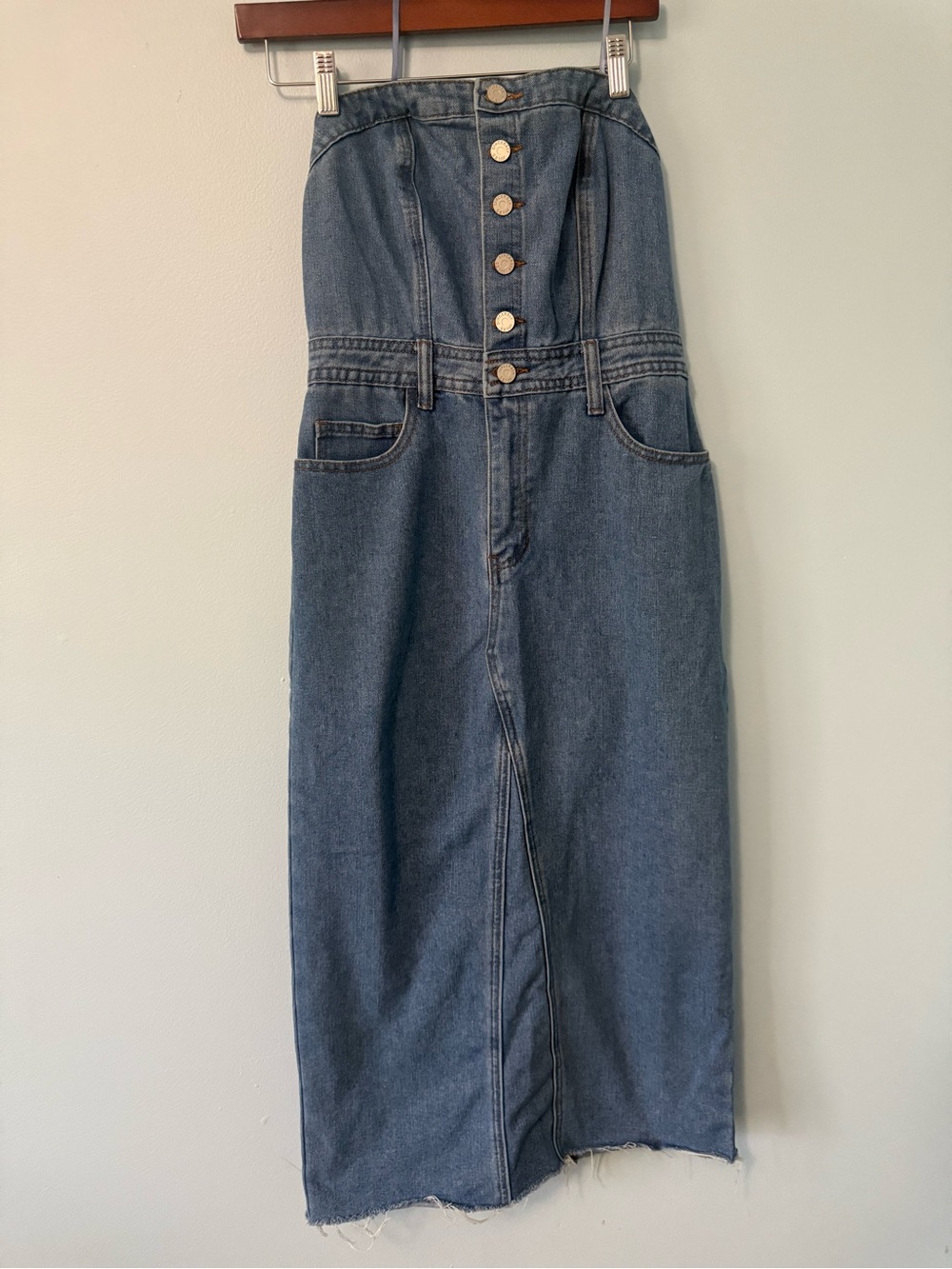 Sincerely Jules High-Waist Button-Front Strapless Long  Denim Dress